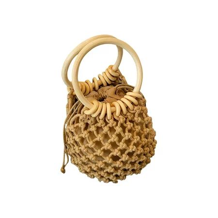 hirigin Woman Girl Woven Handbag Beach Style Wood Handle Drawstring Bucket Bag | Walmart (US)