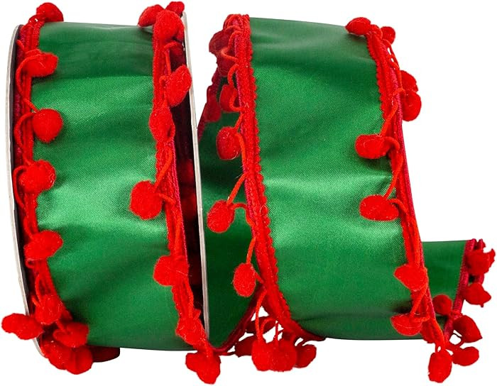 Reliant Ribbon Pom Pom Edge Trimming Dupioni Deluxe Wired Edge, Holiday Green/red, 2-1/2 Inch, 5 ... | Amazon (US)