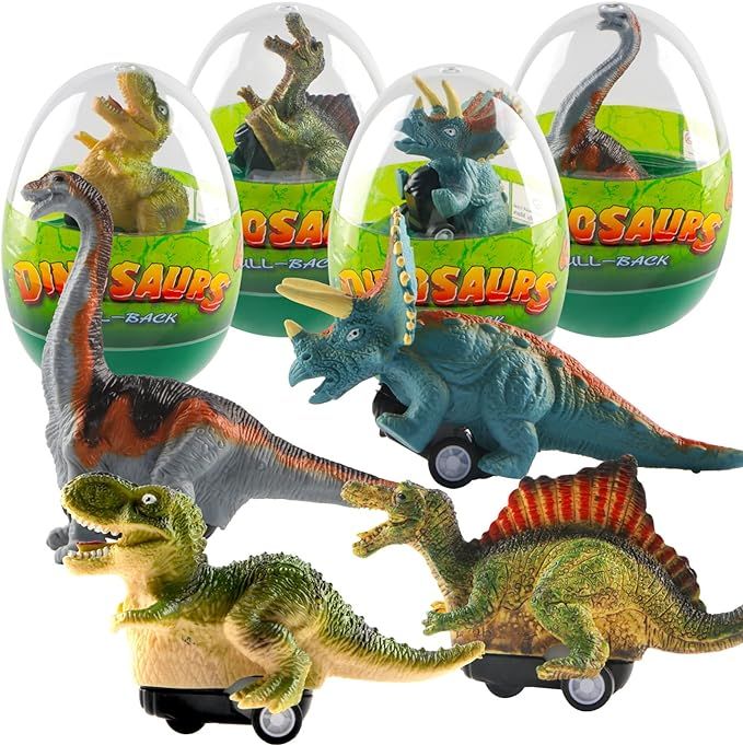 4 Pack Prefilled Easter Eggs with Dinosaur Pull Back Cars, Jumbo Plastic Easter Eggs with Toys In... | Amazon (US)