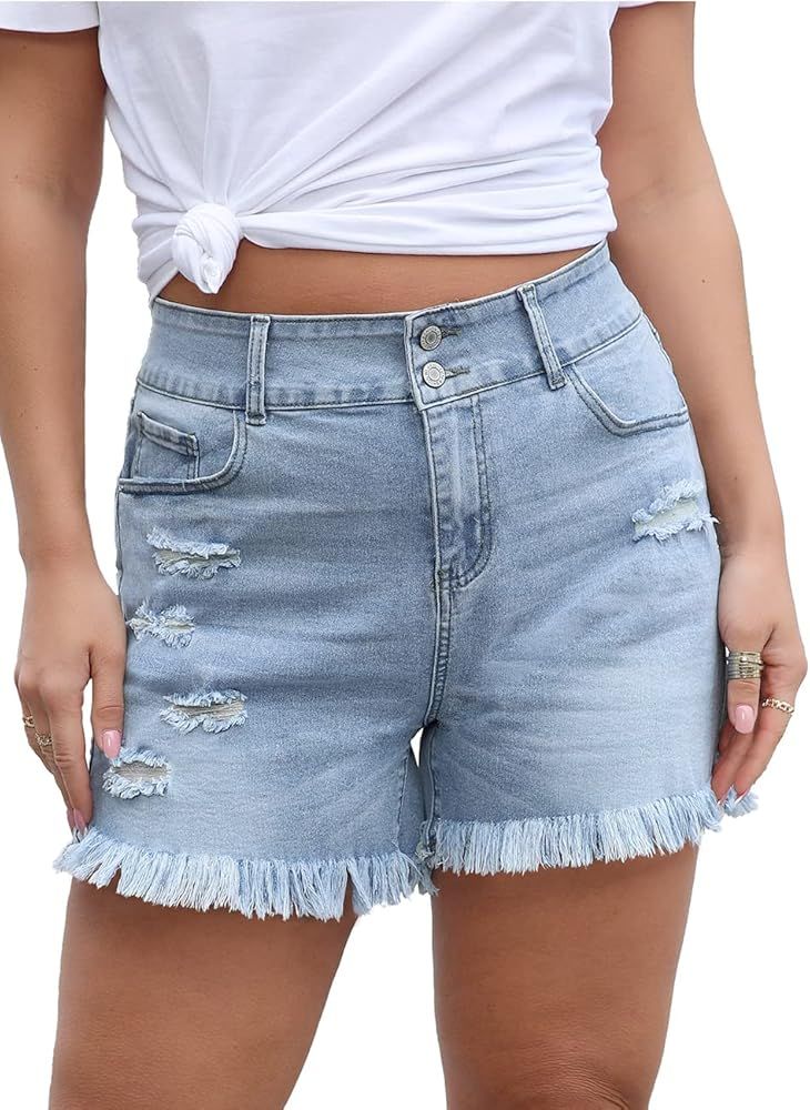 luvamia Women's Plus Size Denim Shorts High Waist Ripped Distressed Stretch Jean Shorts | Amazon (US)