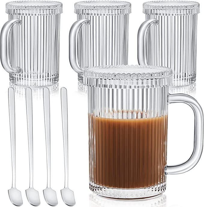 4 Pieces Glass Coffee Mugs Clear Vertical Stripes Tea Mug with Lid and Spoon Ribbed Glasses for E... | Amazon (US)