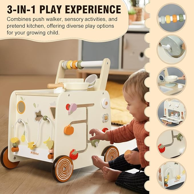 Wooden Baby Walker, 3-in-1 Baby Push Walker, with Pretend Kitchen, Montessori Sensory Activity Ce... | Amazon (US)