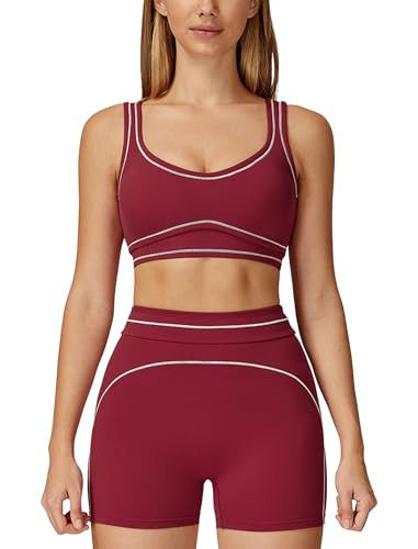 ABOCIW Two Piece Workout Sets for Women Contrast Trim Sports Bra Matching High Waist Shorts 2 Piece Gym Sets Woman Yoga Pilates Outfits Active Wear Cherry Red Medium | Amazon (US)