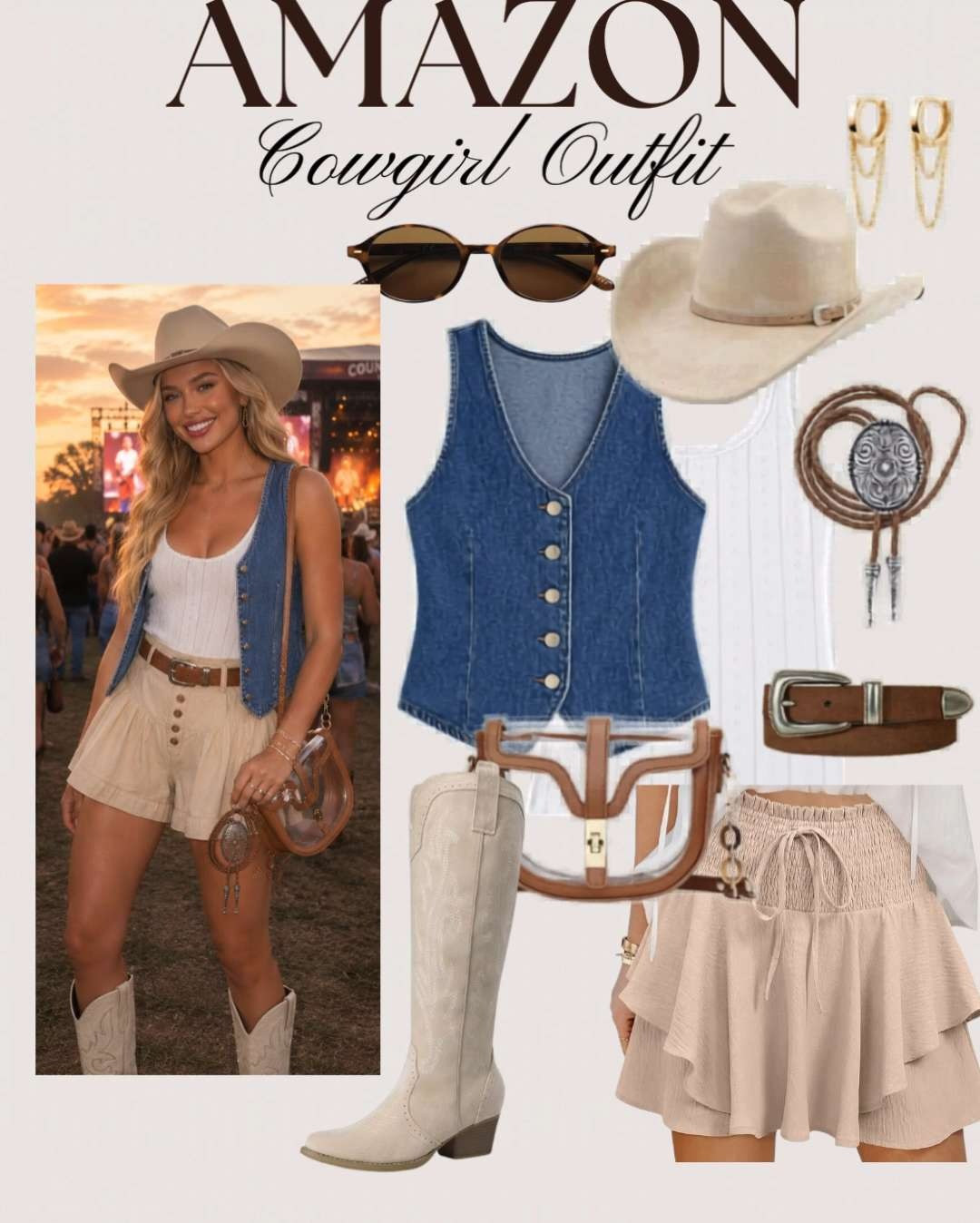 Sunset Country Concert Outfit 🤠✨ Summer Western Style Inspo This country concert outfit is everything for a summer night out 🤍 Featuring a relaxed graphic tee, flirty ruffle shorts, and classic white cowboy boots, this look is the perfect mix of casual + cute. Paired with a neutral wide-brim hat and effortless waves, it gives that dreamy western vibe that’s trending right now. Whether you’re heading to a festival, outdoor concert, or just love western fashion, this outfit is an easy go-to. country concert outfit, western outfit inspo, summer festival outfit, cowboy boots outfit, Nashville style, neutral outfit aesthetic, boho western style, cute casual summer outfit, concert outfit ideas, Amazon outfit inspo, western chic look, trendy summer outfits #countryconcert #westernstyle #concertoutfit #cowgirlstyle #summeroutfitideas #festivaloutfit #cowboyboots #bohowestern #neutralstyle #amazonfashion #outfitinspo #trendyoutfits #nashvillestyle #casualchic #summerstyle 

 