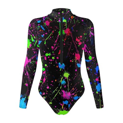 Ypexeognv Colorful Neon Splash Women's Sexy Mock Turtle Neck Front Zip Long Sleeve Body Suits Sexy Shapewear Leotard Shirts Trendy Tops for Party Club | Amazon (US)