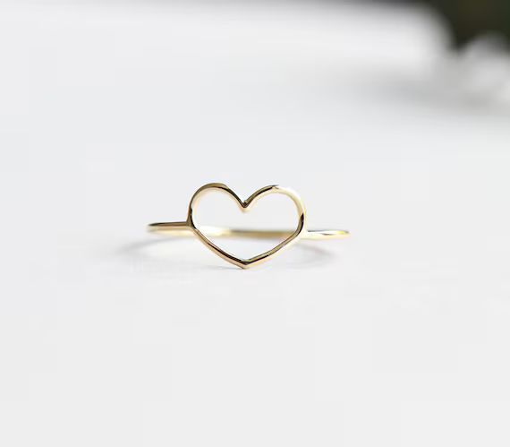 14K Solid Yellow Gold Open Heart Ring Thin Ring Dainty Ring | Etsy | Etsy (US)