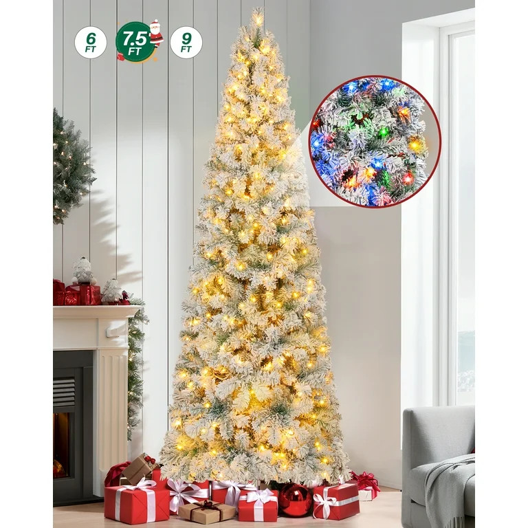 Firstness 7.5ft Pre-Lit Artificial Pencil Christmas Tree with 400 Multicolor LED Lights,Snow Floc... | Walmart (US)