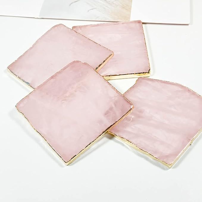 Rose Quartz Decor Coaster, Natural Pink Crystal Coasters Gold Edge Set of 4 (Square 3.5''-4) | Amazon (US)