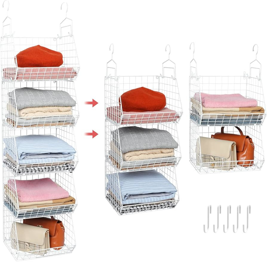 5 Tier Closet Hanging Organizer, Clothes Hanging Shelves with 4 Hanging Hooks 5 S Hooks, Wire Sto... | Amazon (US)