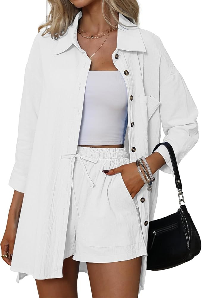Women's 2 Piece Cotton Linen Set, 3/4 Sleeve Drap Shoulder High Low Button Down Shirt & Drawstrin... | Amazon (US)