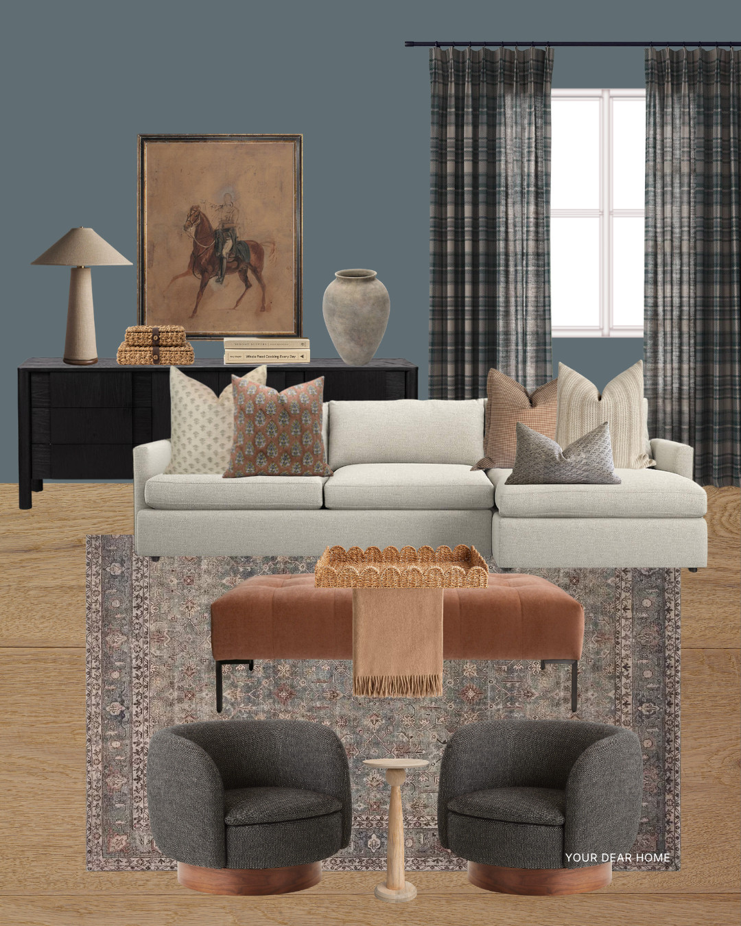 Moody media room styling with a soft blue wall color, plaid curtains, warm rust accents, and charcoal swivel chairs. I love this mix for a cozy, elevated family room that still feels classic! 

 #LTKHome