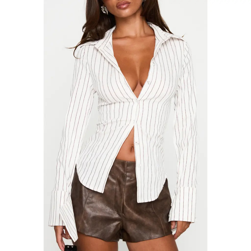 Princess Polly Madlin Stripe Long Sleeve Button-Up Shirt in White Stripe at Nordstrom, Size 10 | Nordstrom