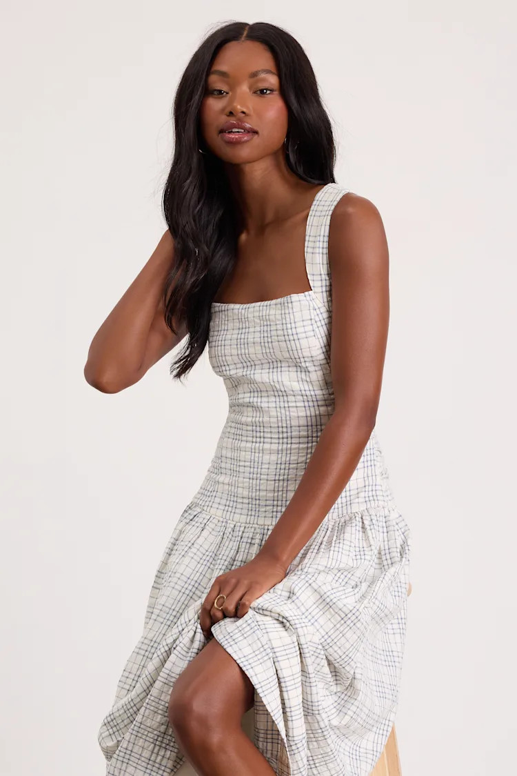 Matilda White Plaid Drop Waist Midi Dress | Lulus