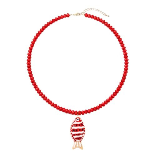 IQPDYV Boho Beaded Fish Necklace for Women Red Blue Beaded Fish Pendant Necklace Colorful Resin Long Necklaces Summer Beach Jewelry Gifts (A: Red Necklace+Red Fish) | Amazon (US)