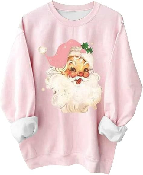 Heloto Womens Shiny Polyester Christmas Pink Tops Novelty Funny Santa Xmas Tree Graphic Sweatshir... | Amazon (US)