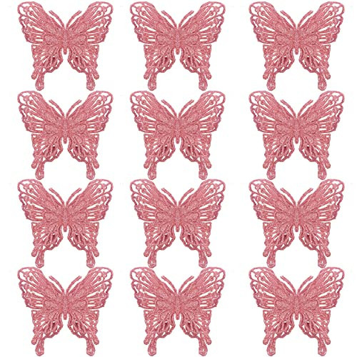 Jilimeli 12 PCS Glitter Butterfly Christmas Tree Ornaments, Hollow-Out Butterfly Christmas Decoration with Clips, Craft Xmas Ornaments, Christmas Tree, Wreath, Garland, Office, Home Decorations, Pink | Amazon (US)