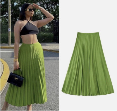 ZARA NEW SATIN EFFECT PLEATED SKIRT GREEN | eBay US