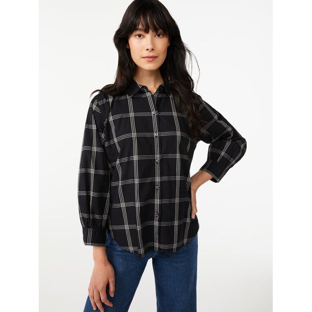 Free Assembly Women's Button-Front Blouse with Blouson Sleeves | Walmart (US)