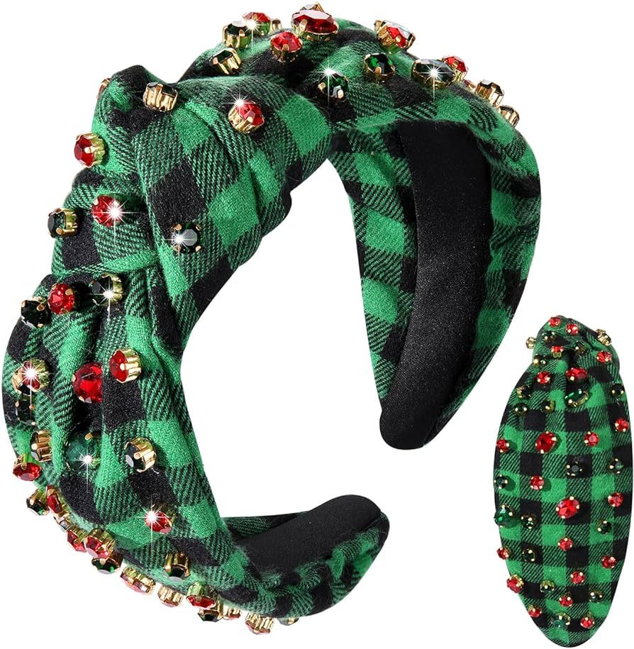 JERTOCLE Christmas Holiday Headband Xmas Hair Accessories Green Plaid Knotted Headband for Women ... | Amazon (US)