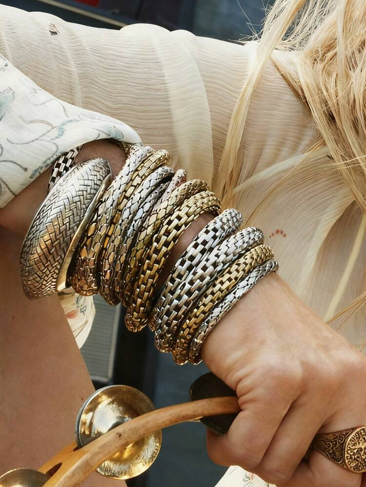 Pack Of 7 Retro Vintage Basic Design Chunky Chain Bracelets Set , Women Fashionable Bracelet Jewe... | SHEIN