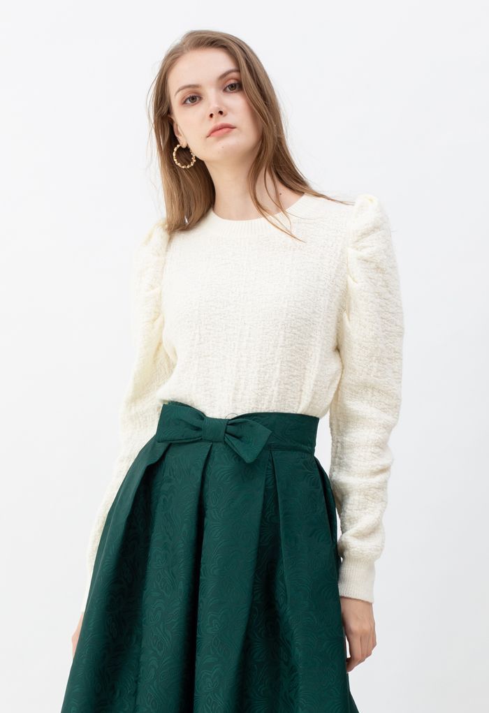 Puff-Shoulder Texture Knit Sweater in Cream | Chicwish
