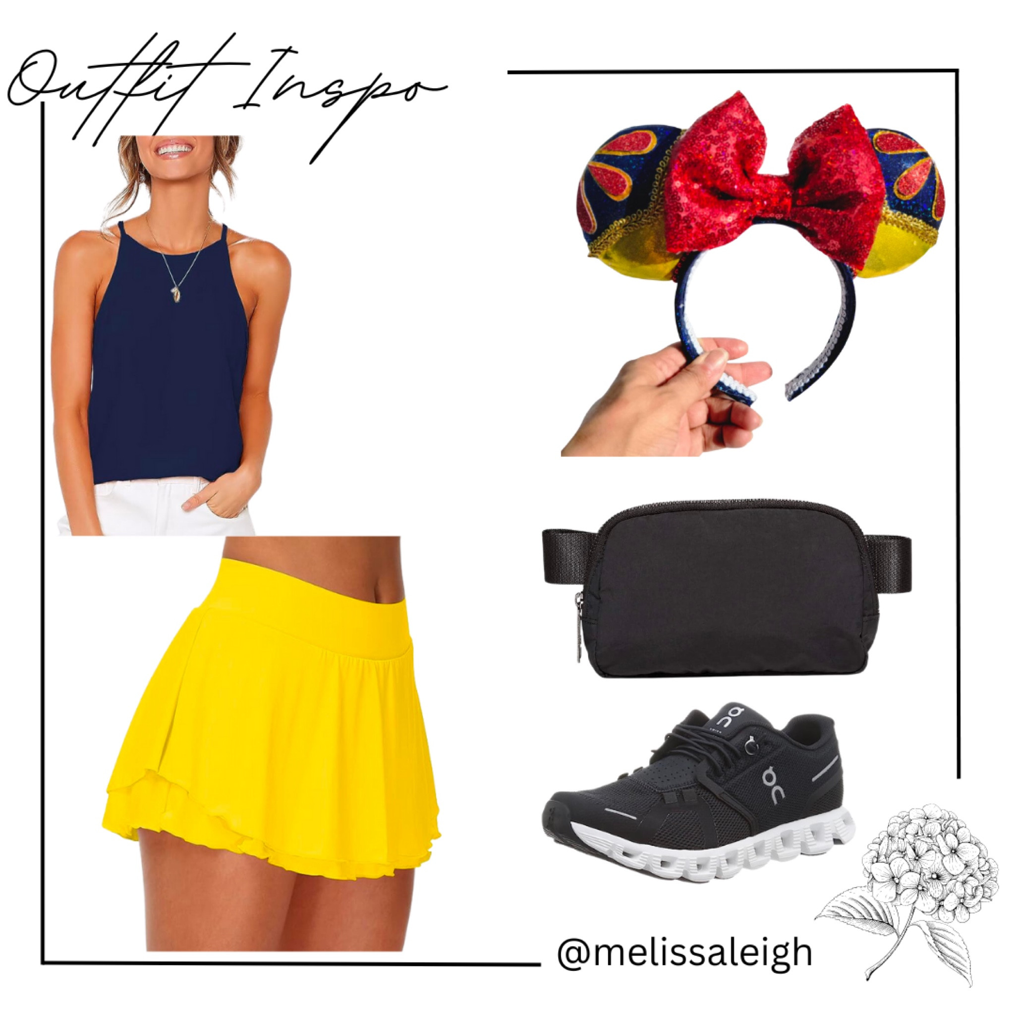 Snow White inspired Disney parks outfit - navy blue tank, yellow skort, on running shoes, lululemon inspired belt bag, Snow White Minnie ears - Etsy finds, amazon finds, casual outfit, Disney outfit, Disney princess - outfit can also work for working out 

#LTKfitness #LTKFind #LTKstyletip