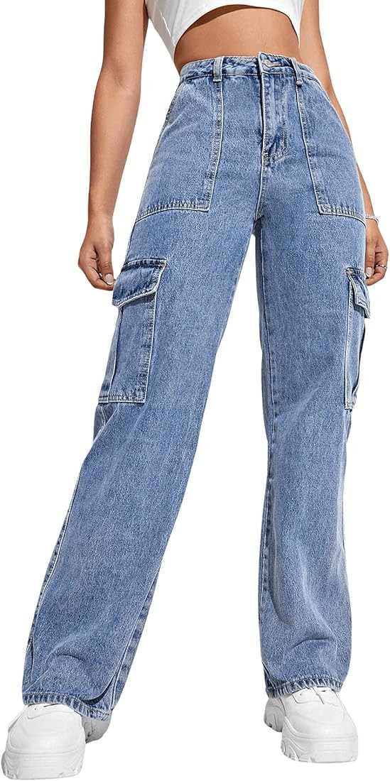 SweatyRocks Women's High Waist Cargo Jeans Flap Pocket Wide Leg Denim Pants | Amazon (US)