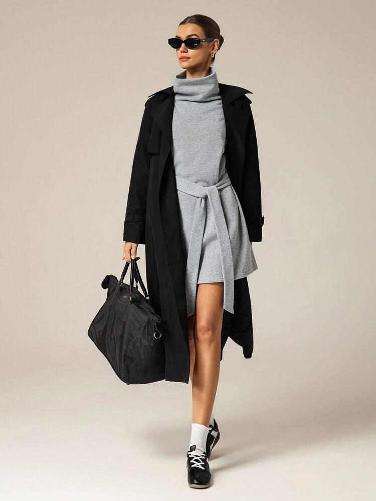 Hanevo Autumn/Winter New Casual Street Minimalist Commute Slouchy Back To School High Neck Loose Pullover Solid Color Short Sweatshirt Dress For Women | SHEIN