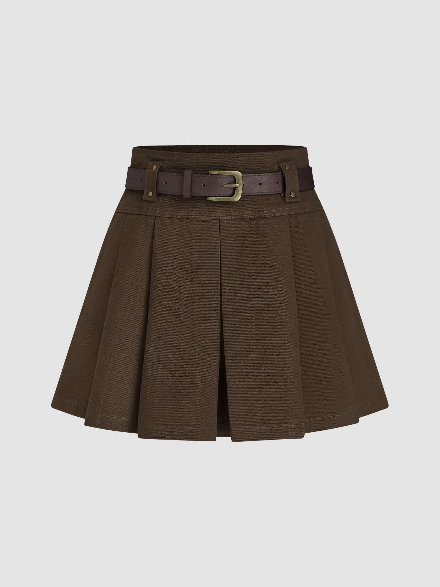 Cowboy Western Outfits Woven Mid Waist Solid Pleated Skort with Belt For School Daily Casual | Cider