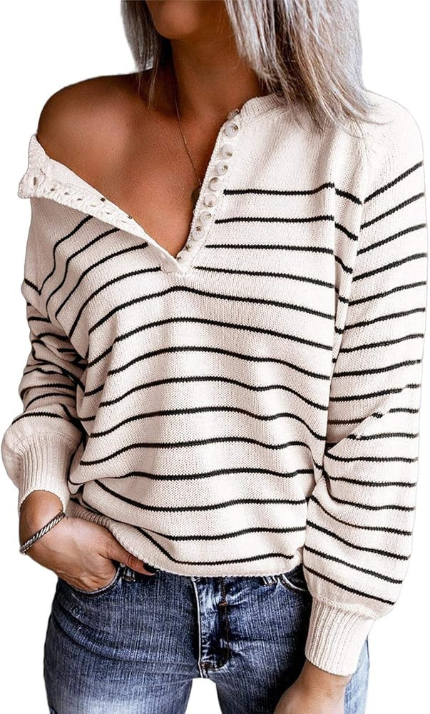 Women's Oversized Striped Sweater Off Shoulder Button Down Puff Sleeve Henley Pullover Tops Basic... | Amazon (US)