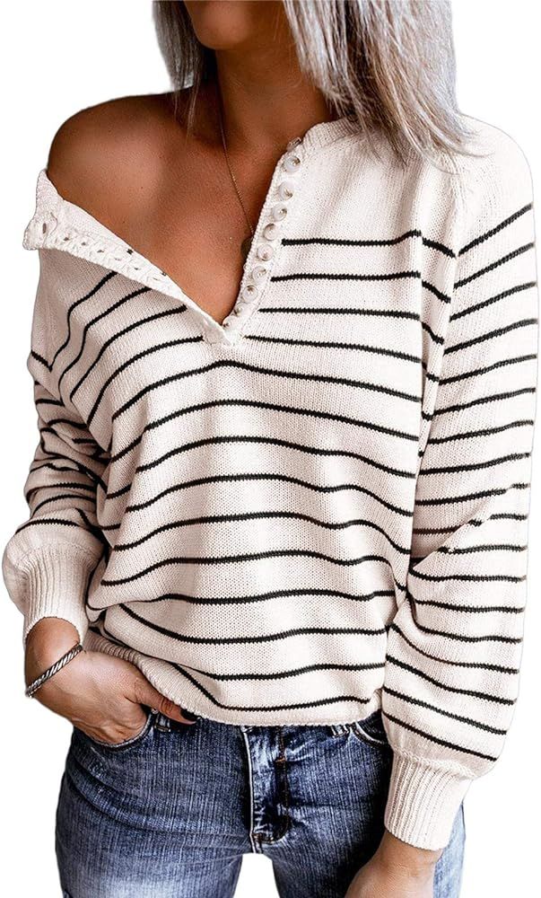 Women's Oversized Striped Sweater Off Shoulder Button Down Puff Sleeve Henley Pullover Tops Basic... | Amazon (US)