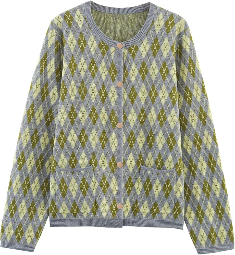 Womens Argyle Preppy Cardigan Sweater Casual Long Sleeve Button Down Color Block Knit Cardigan Sp... | Amazon (US)