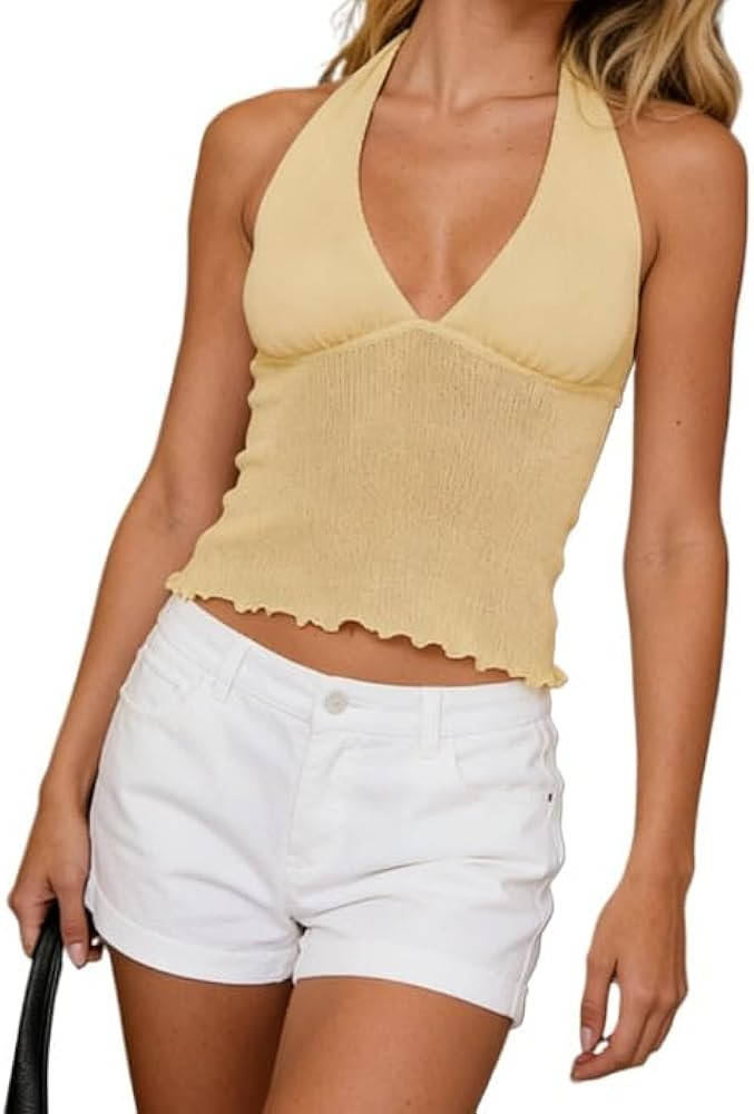 Halter Tops for Women Y2k Open Back Backless Knit V Neck Tank Halter Crop Top Summer Going Out To... | Amazon (US)