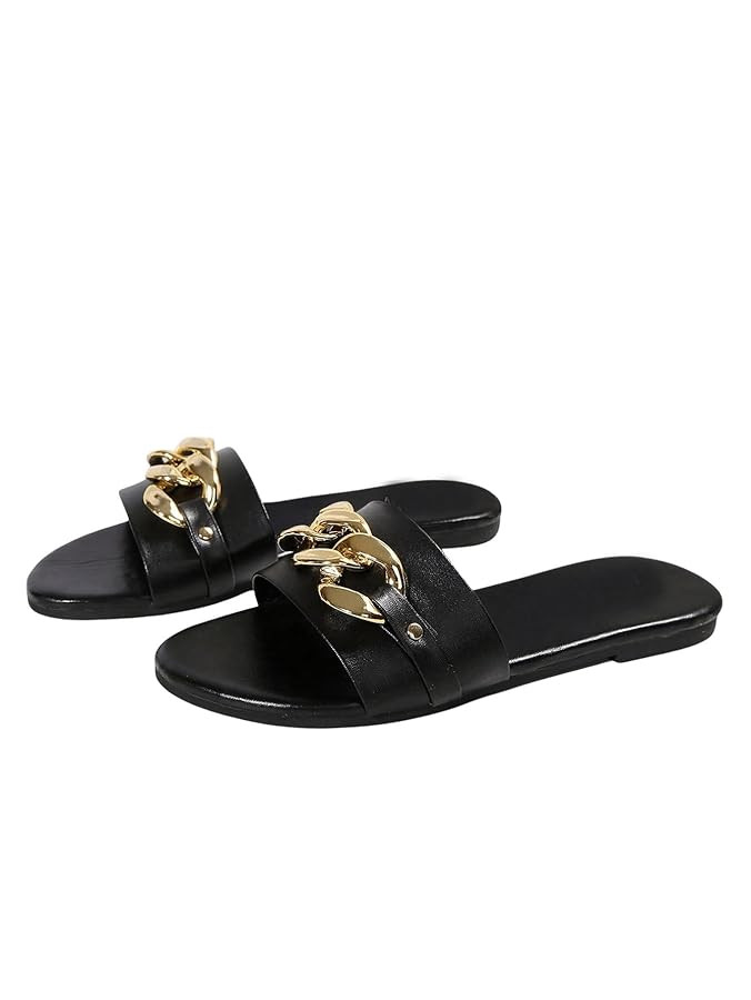 OYOANGLE Women's Leather Metal Chain Flat Sandals Open Toe Single Band Soft Sandals Casual Outdoo... | Amazon (US)