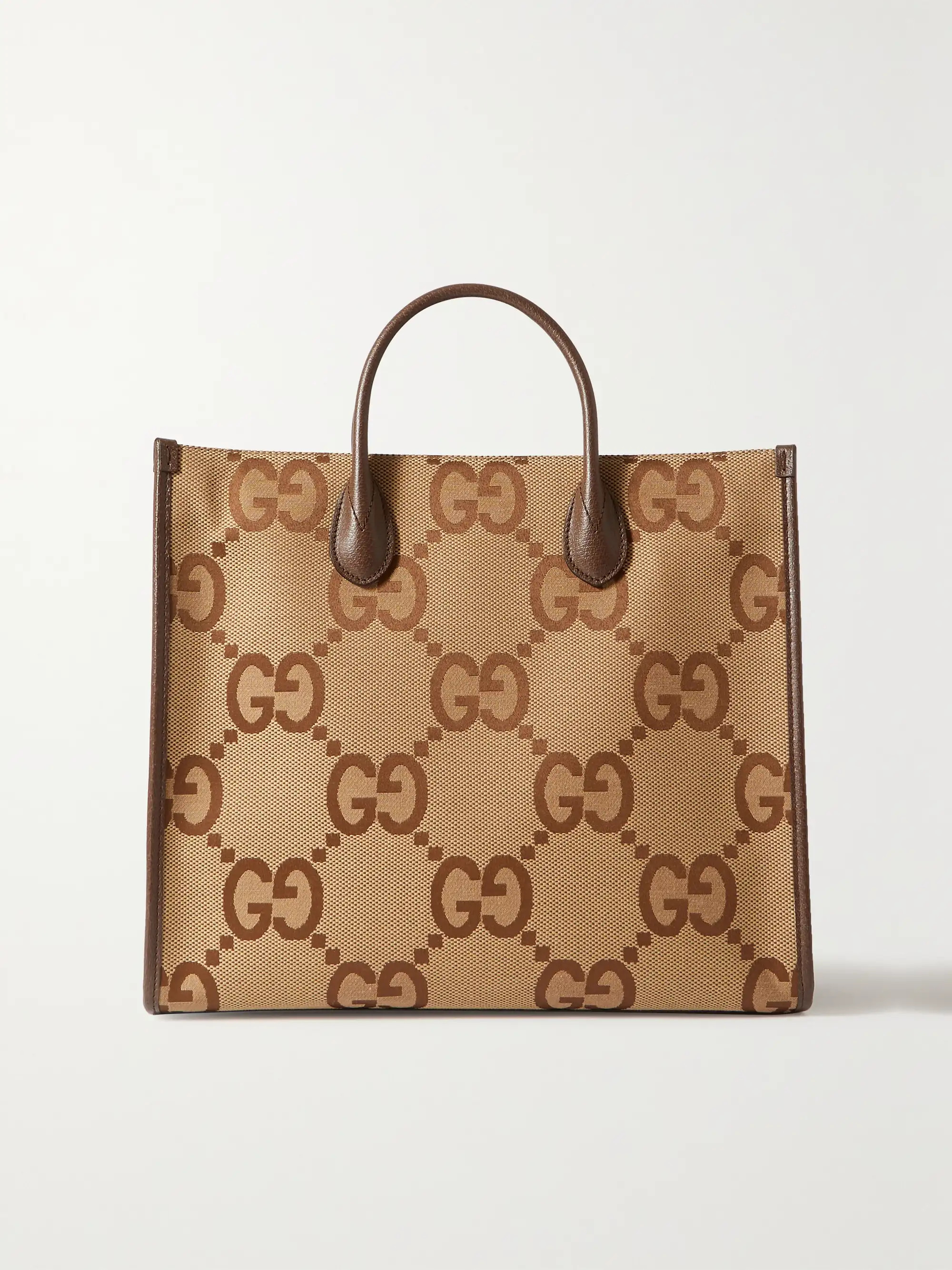Camel GG Jumbo leather-trimmed canvas-jacquard tote | GUCCI | NET-A-PORTER | NET-A-PORTER (US)