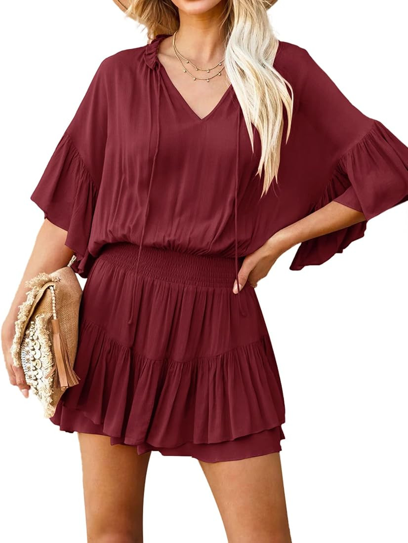 Women's V Neck Layer Ruffle Hem Mini Dress Romper Slim Waist Short Jumpsuit | Amazon (US)