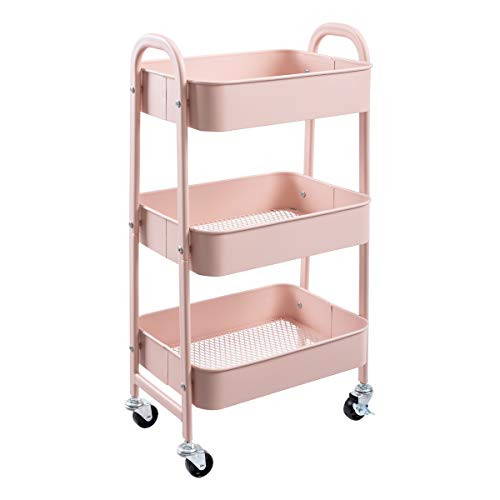 AGTEK Makeup Cart, Movable Rolling Organizer Cart, 3 Tier Metal Utility Cart, Rosiness | Amazon (US)