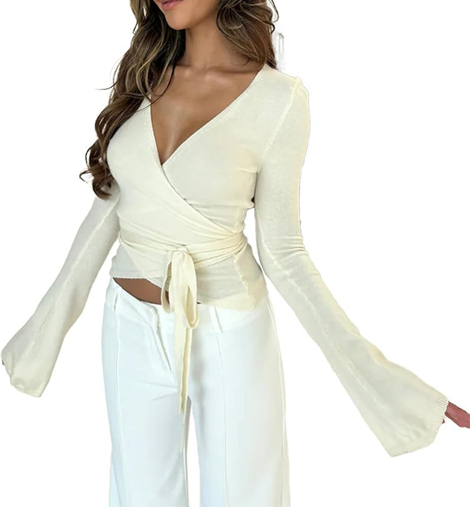 Long Sleeve Tie Front Wrap Blouse Women's V Neck Cropped Yoga Workout Shirts Coquette Tops | Amazon (US)