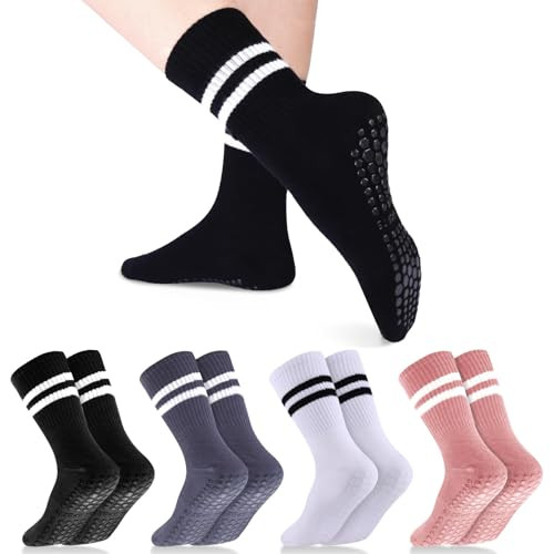 Jspupifip 4 Pairs Women's Long Pilates & Yoga Socks, Non-Slip Grip, Cotton Athletic Socks - Black/Gray/White/Pink | Amazon (US)