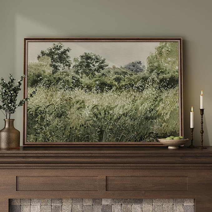 Large Framed Vintage Landscape Wall Art, Rustic Modern Farmhouse Meadow Green Botanical Canvas Pa... | Amazon (US)