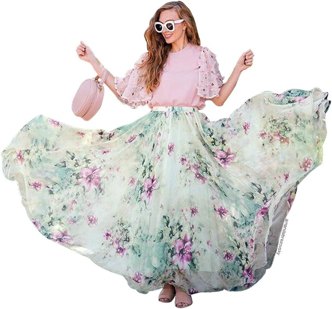 CHICWISH Women's Floral Watercolor Flower Maxi Floral Chiffon Slip Skirt | Amazon (US)