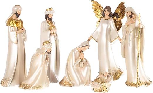 Roman 13.5 Inches Ivory Nativity Gold Hammered with Gems Set of 7 Figurines | Amazon (US)