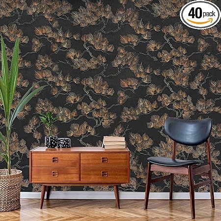 Pine Branches Black Bronze Faux Fabric Oriental Embroidery Textured Wallpaper 3D | Amazon (US)