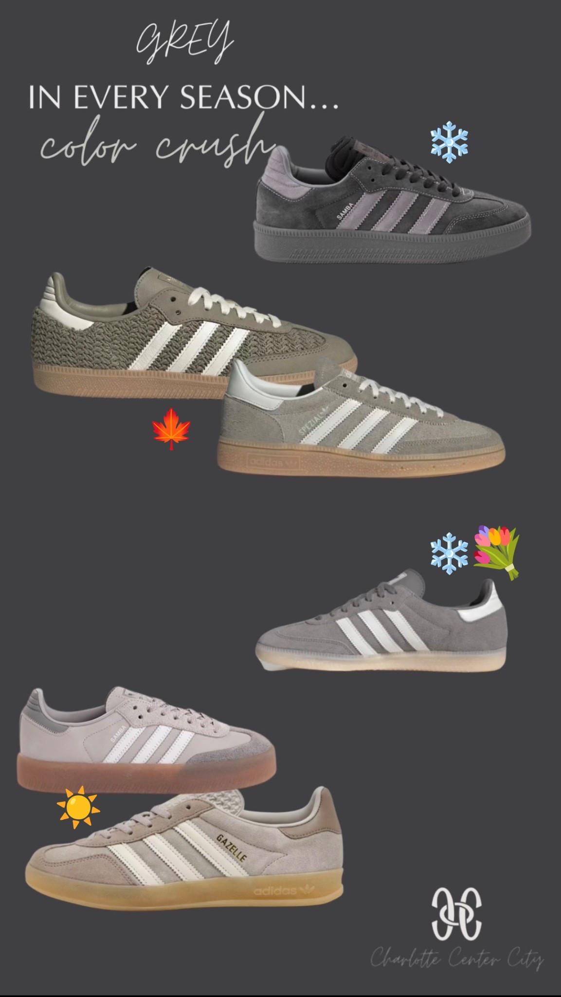 Grey examples for each season. Greys can be tricky! Use your words! 
Think earthy green-greys for autumns.
Think clear dove greys for springs.
Think pink or blue-greys for summers.
Think the cool grey scale for winters…everything from a very light grey to a smoky grey or a charcoal grey.