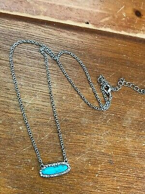 Estate Silvertone Chain w Small Faux Turquoise Thin Oval Cab Rimmed in Clear | eBay US