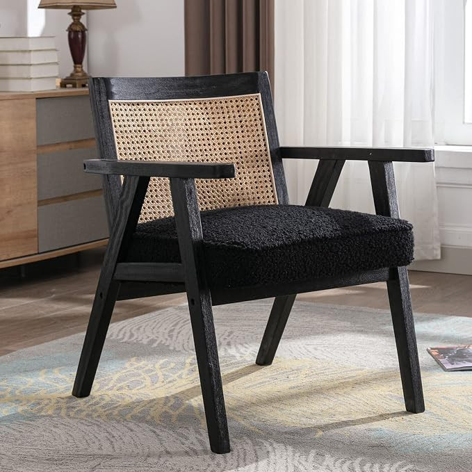 Guyou Modern Rattan Arm Chair, Living Room Accent Chair with Rattan Back Faux Fur Seat, Retro Liv... | Amazon (US)