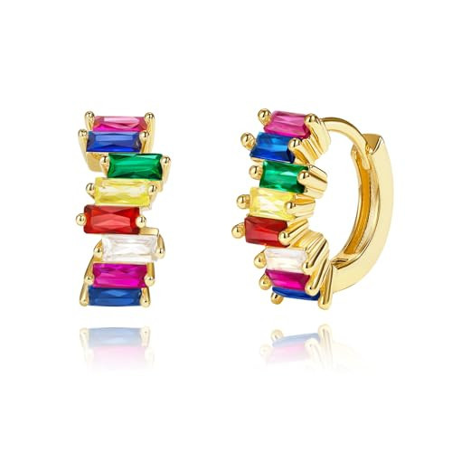 Me&Hz 14k Gold Plated Colorful CZ Hoop Earrings for Women Rainbow Jewelry | Amazon (US)