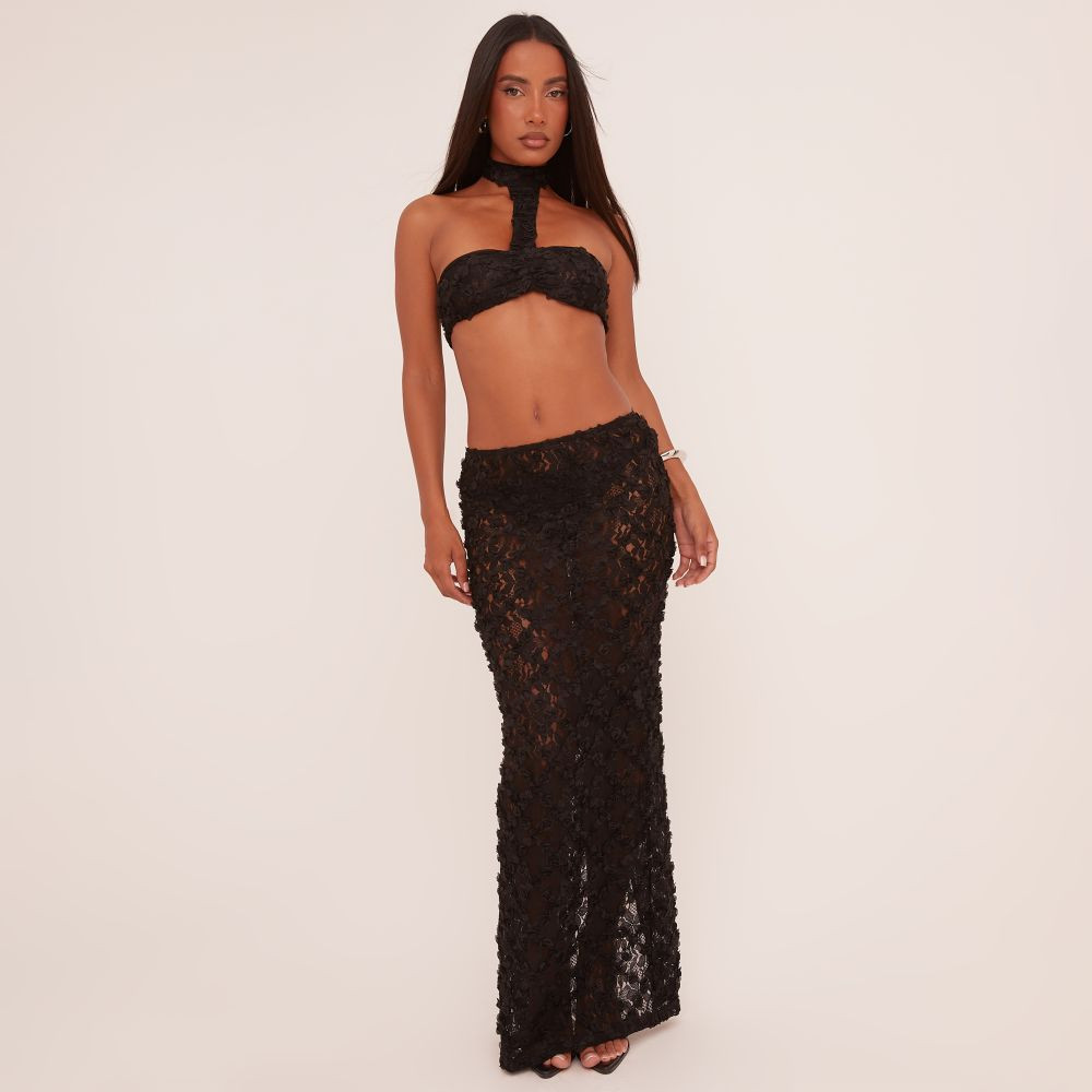 Choker Detail Crop Top And Mid Rise Maxi Skirt Co-Ord Set In Black Texture | EGO (UK)