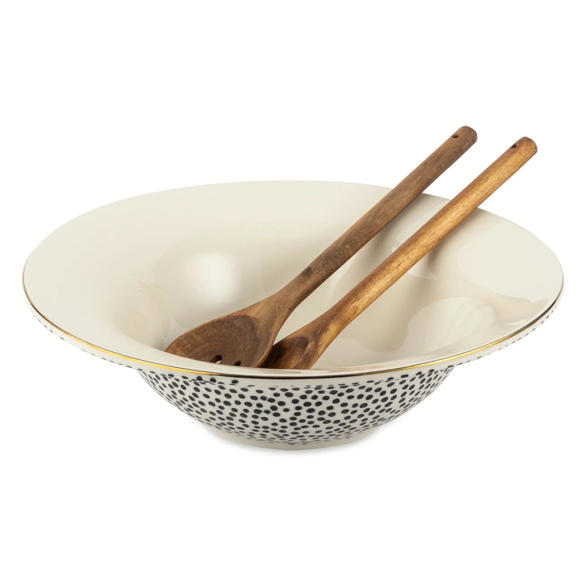 Thyme & Table Dot Ceramic 3-Piece Serve Bowl Black and White with Wood Serve Utensils | Walmart (US)