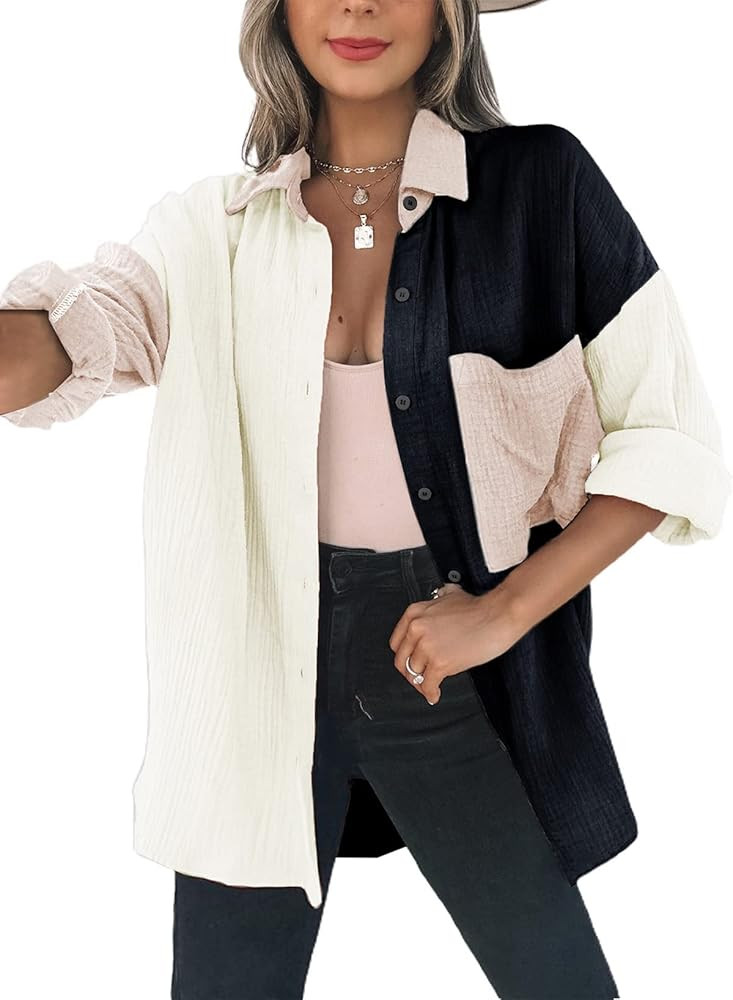 Dokotoo Womens Color Block Button Down Shirts Long Sleeve Oversized Boyfriend Blouses Tops | Amazon (US)